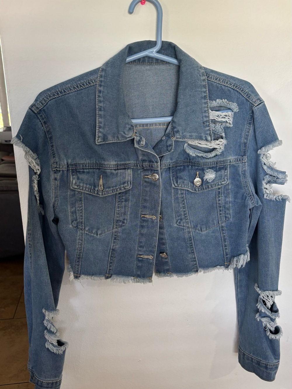SHEIN Cropped Distressed Light Blue Denim Jacket